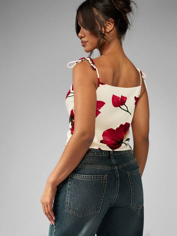 Missguided MISSGUIDED Floral Tie Shoulder Crop Tank Top