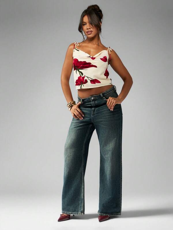 Missguided MISSGUIDED Floral Tie Shoulder Crop Tank Top