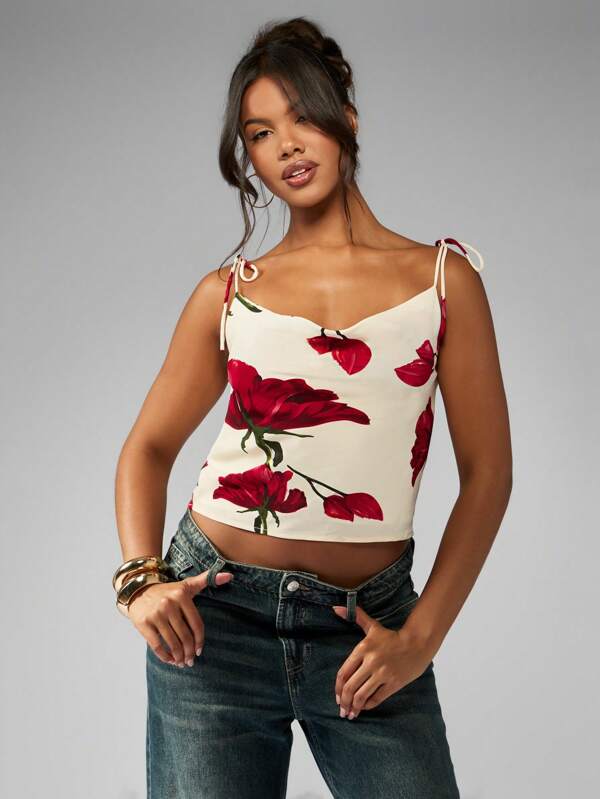 missguided MISSGUIDED Floral Tie Shoulder Crop Tank Top