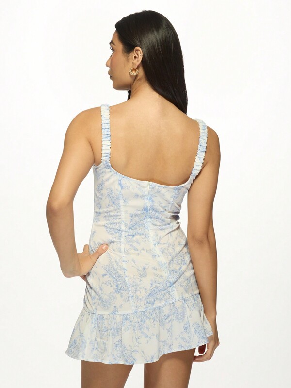 Missguided MISSGUIDED Floral Toile Print Ruched Shoulder Ruffled Hem Mini Dress