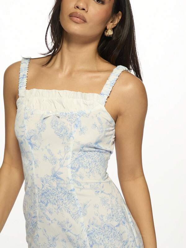 Missguided MISSGUIDED Floral Toile Print Ruched Shoulder Ruffled Hem Mini Dress
