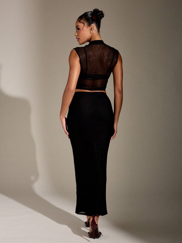Missguided MISSGUIDED Flower And Crystal Embellished Mesh Contrast Crop Top & Long Sheath Skirt 2 Pieces Set