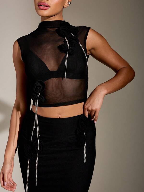 Missguided MISSGUIDED Flower And Crystal Embellished Mesh Contrast Crop Top & Long Sheath Skirt 2 Pieces Set