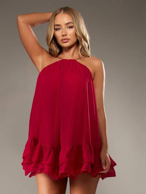 Missguided MISSGUIDED Flowing Chiffon Mini Dress With Gold Hardware Halter Neck