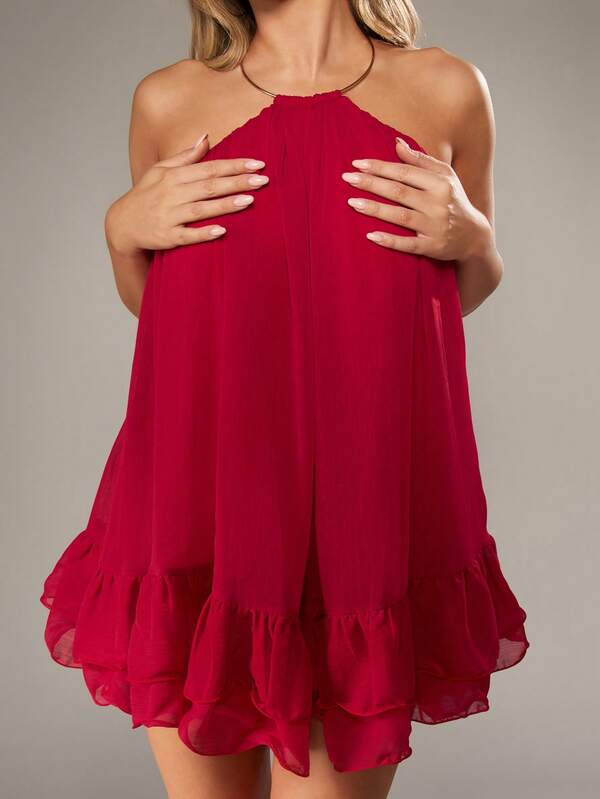 Missguided MISSGUIDED Flowing Chiffon Mini Dress With Gold Hardware Halter Neck