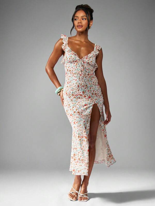 Missguided MISSGUIDED Flowing Floral Ruffle Strap Side Slit Sweetheart Neckline Define This Long Dress