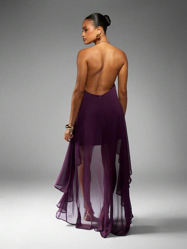 Missguided MISSGUIDED Flowing High Low Chiffon Halter Neck Maxi Dress