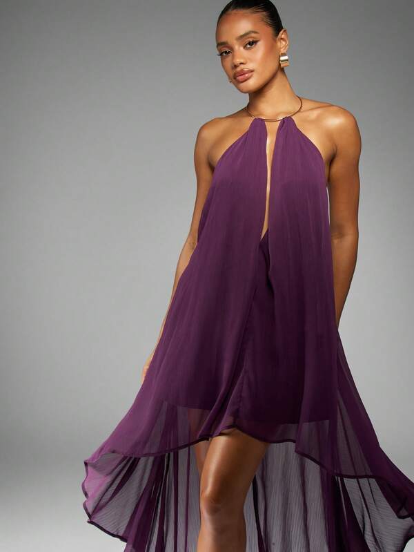 Missguided MISSGUIDED Flowing High Low Chiffon Halter Neck Maxi Dress