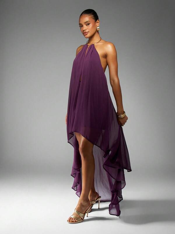 Missguided MISSGUIDED Flowing High Low Chiffon Halter Neck Maxi Dress
