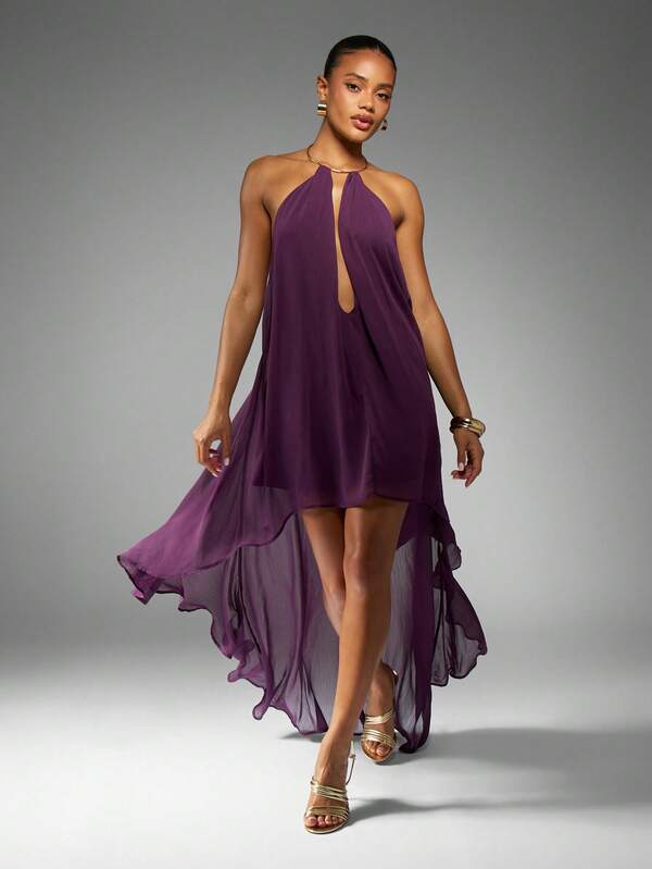 missguided MISSGUIDED Flowing High Low Chiffon Halter Neck Maxi Dress