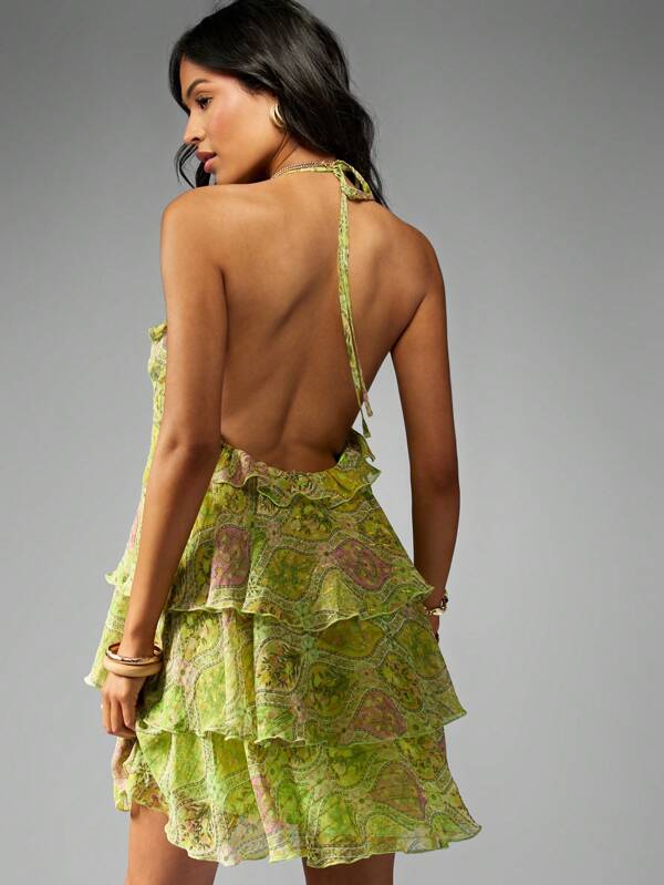 Missguided MISSGUIDED Flowy Chiffon Ruffle Paisley Print Halter Neck Tiered Mini Dress