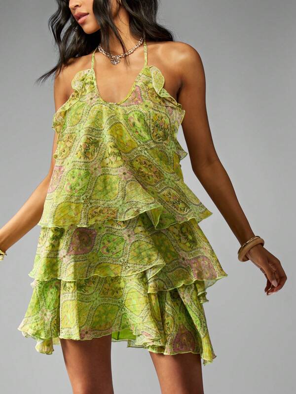 missguided MISSGUIDED Flowy Chiffon Ruffle Paisley Print Halter Neck Tiered Mini Dress