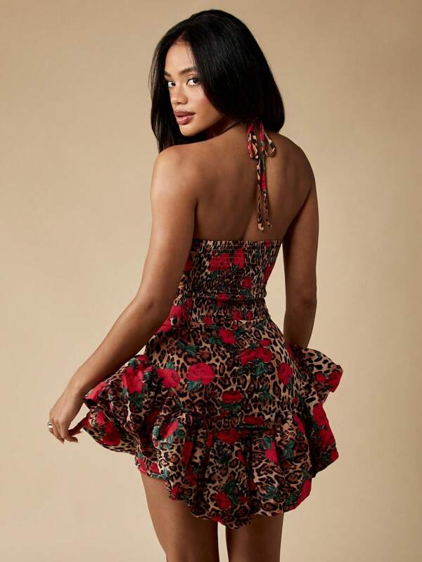 Missguided MISSGUIDED Flowy Ruched Leopard Rose Print Halter Neck Mini Dress