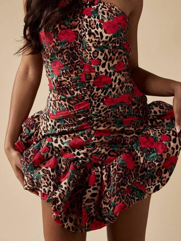 Missguided MISSGUIDED Flowy Ruched Leopard Rose Print Halter Neck Mini Dress