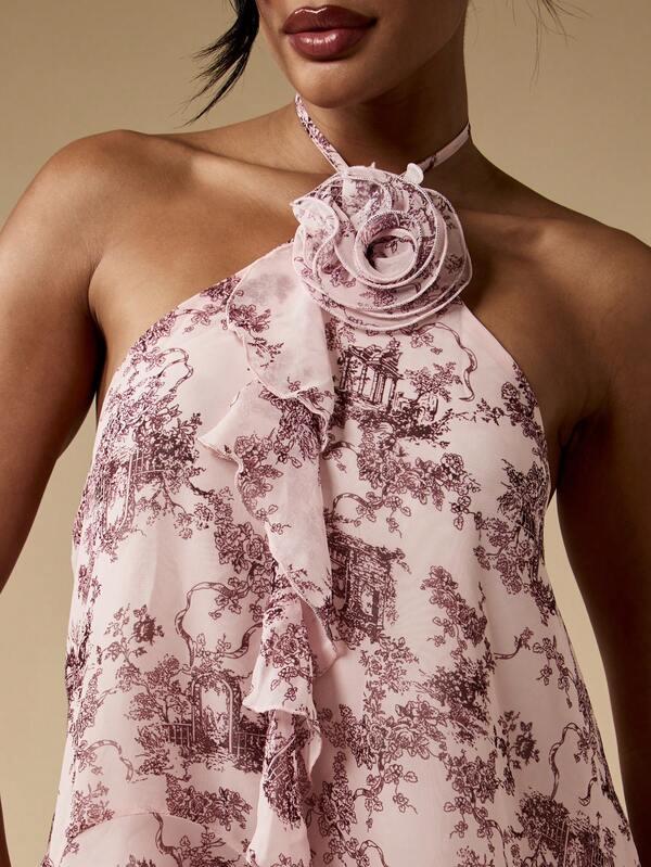 Missguided MISSGUIDED Flowy Ruffle Toile Print Halter Cami With Floral Accent