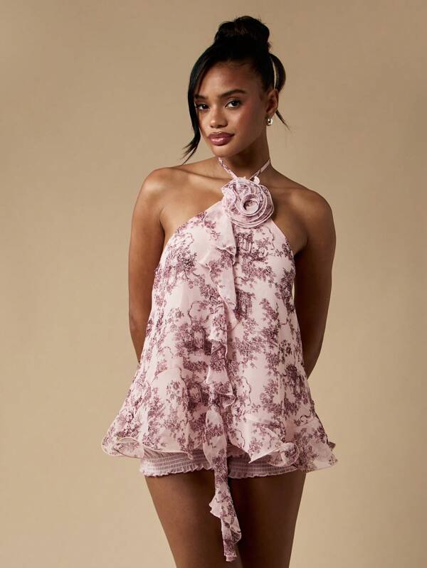 missguided MISSGUIDED Flowy Ruffle Toile Print Halter Cami With Floral Accent