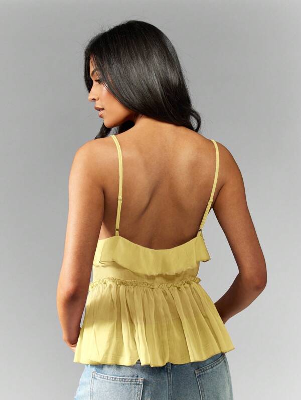 Missguided MISSGUIDED Flowy Ruffle Trim Chiffon Babydoll Peplum Sleeveless Sweetheart Neckline Tank Top