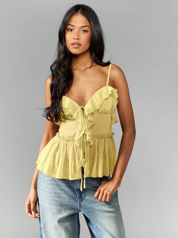 Missguided MISSGUIDED Flowy Ruffle Trim Chiffon Babydoll Peplum Sleeveless Sweetheart Neckline Tank Top