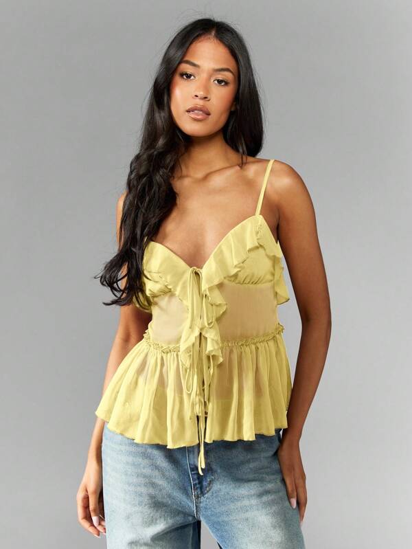missguided MISSGUIDED Flowy Ruffle Trim Chiffon Babydoll Peplum Sleeveless Sweetheart Neckline Tank Top