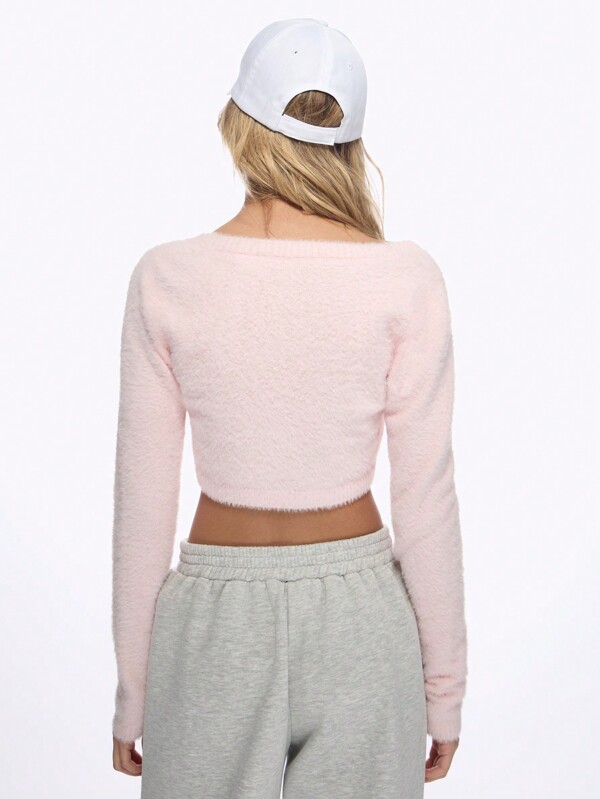 Missguided MISSGUIDED Fluffy Fuzzy Crop Cardigan Front Tie Long Sleeve Sweater