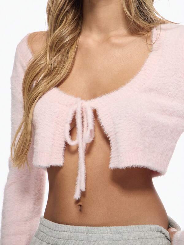 Missguided MISSGUIDED Fluffy Fuzzy Crop Cardigan Front Tie Long Sleeve Sweater