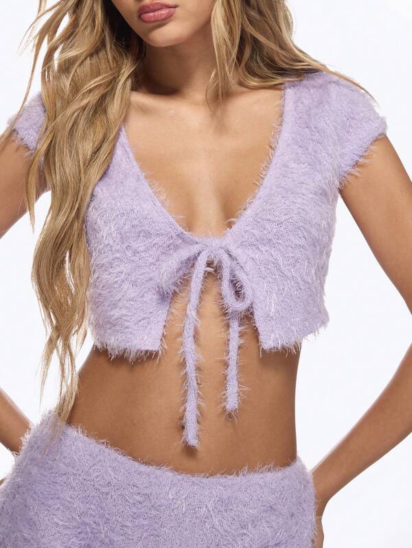Missguided MISSGUIDED Fluffy Fuzzy Knit Two-Piece Outfits With Shorts