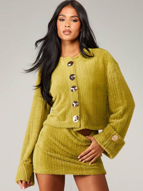 missguided MISSGUIDED Fluffy Knit Button Front Cardigan With Mini Skirt
