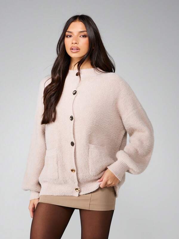 Missguided MISSGUIDED Fluffy Knit Cardigan With Gold Buttons