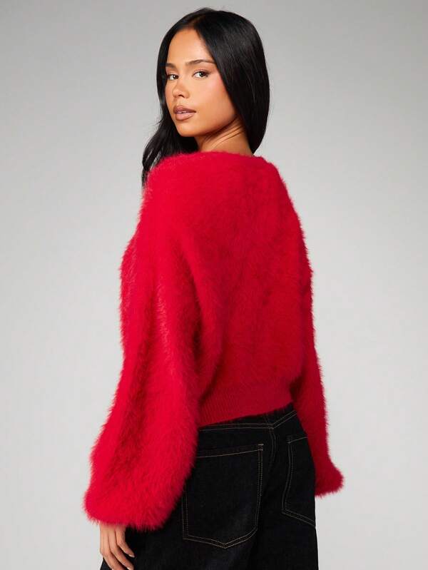 Missguided MISSGUIDED Fluffy Knit Cropped Cardigan With Gold Buttons