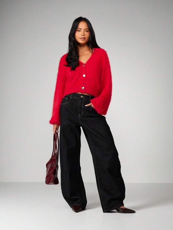 Missguided MISSGUIDED Fluffy Knit Cropped Cardigan With Gold Buttons