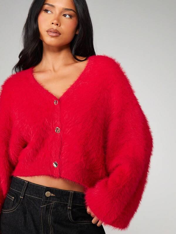 Missguided MISSGUIDED Fluffy Knit Cropped Cardigan With Gold Buttons