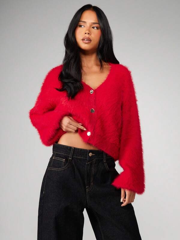 missguided MISSGUIDED Fluffy Knit Cropped Cardigan With Gold Buttons