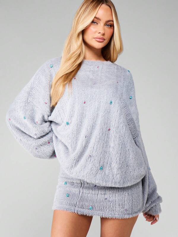 Missguided MISSGUIDED Fluffy Knit Jewelled Mini Skirt