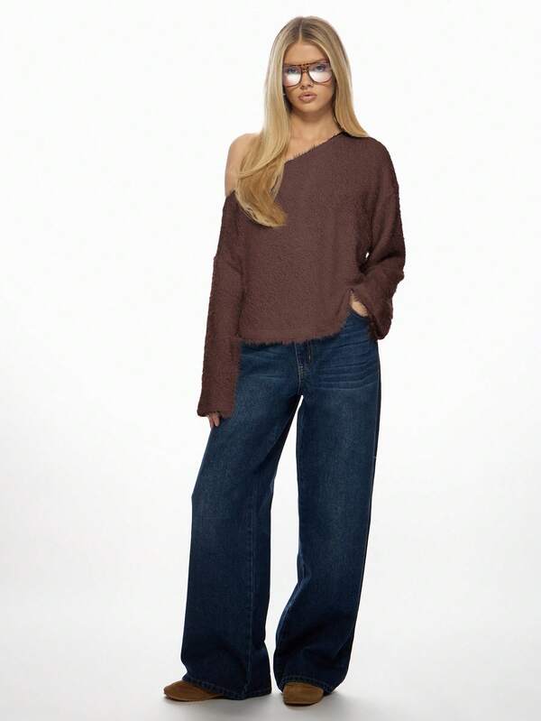 Missguided MISSGUIDED Fluffy Knit Off Shoulder Sweater With Bell Sleeves