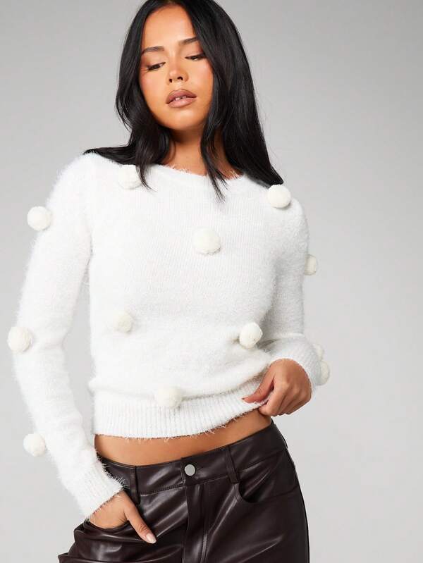 missguided MISSGUIDED Fluffy Knit Sweater With Pom Poms