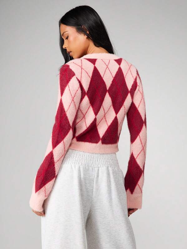 Missguided MISSGUIDED Fluffy Knitted Argyle Cardigan With Buttons
