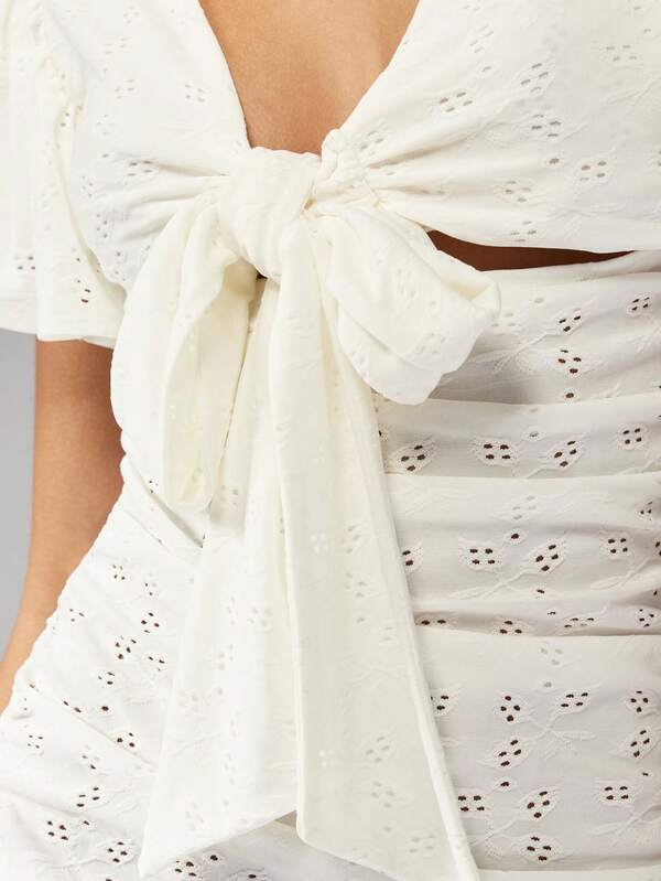 Missguided MISSGUIDED Flutter Sleeve Eyelet Lace Mini Dress Tie Front Ruched