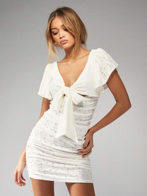 missguided MISSGUIDED Flutter Sleeve Eyelet Lace Mini Dress Tie Front Ruched