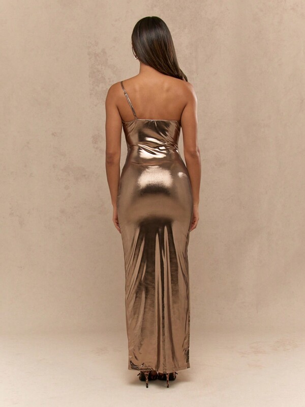 Missguided MISSGUIDED Foil Twist Detail Waist One Shoulder Side Slit Maxi Dress