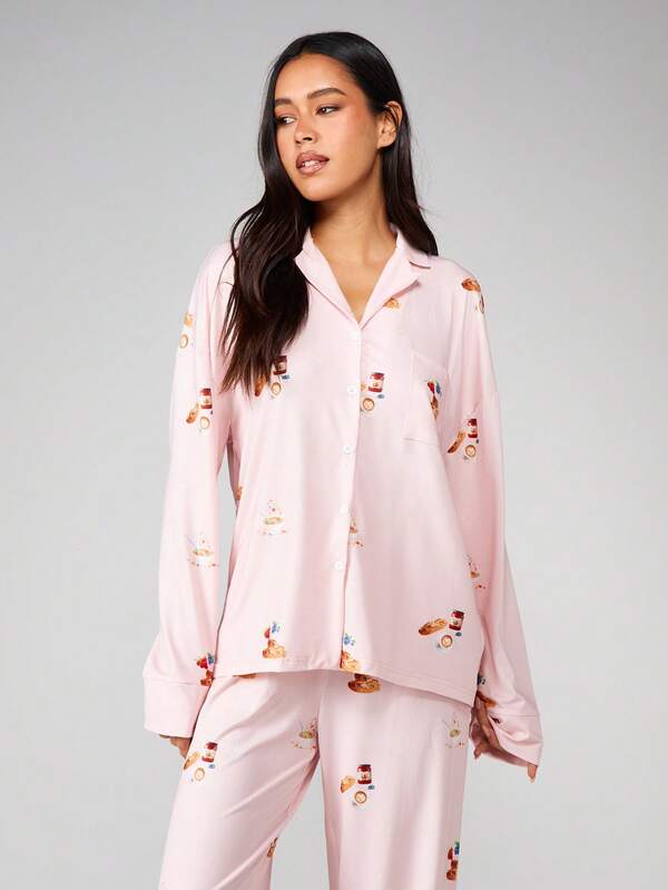 Missguided MISSGUIDED Food Print Pajama Set With Button Front