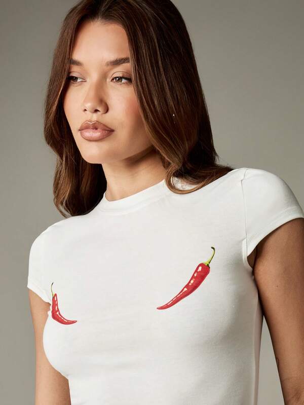 Missguided MISSGUIDED Form Fitting Baby Tee With Red Chili Print