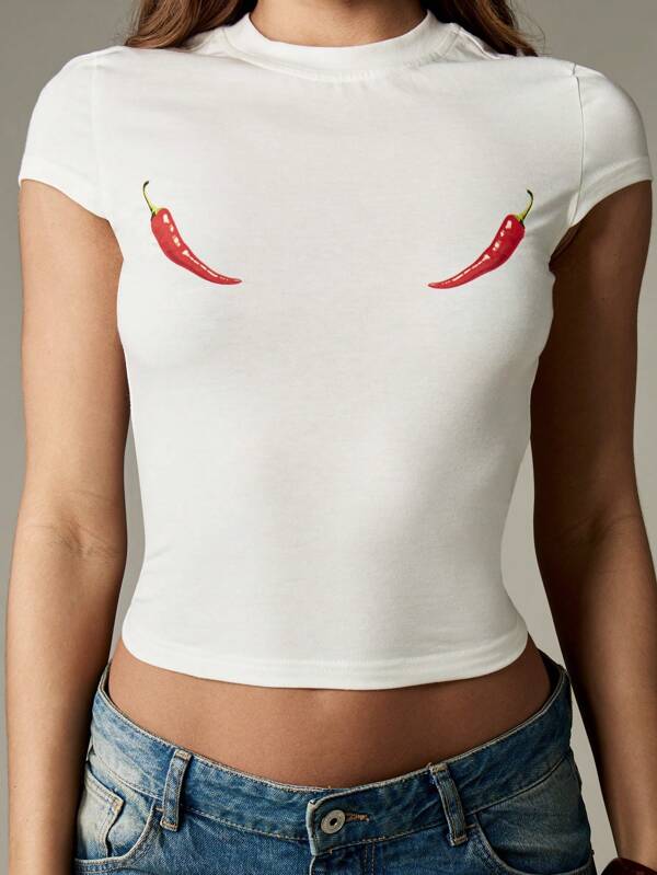 missguided MISSGUIDED Form Fitting Baby Tee With Red Chili Print