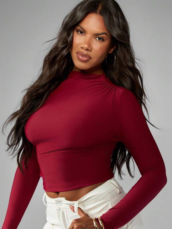 Missguided MISSGUIDED Form Fitting Mock Neck Crop Top With Long Sleeves