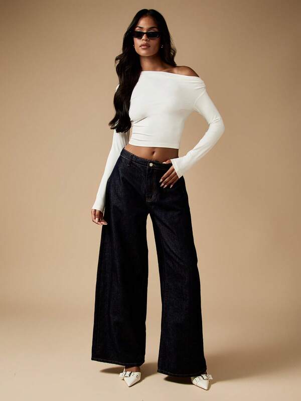 Missguided MISSGUIDED Form Fitting Off Shoulder Long Sleeve Crop Top