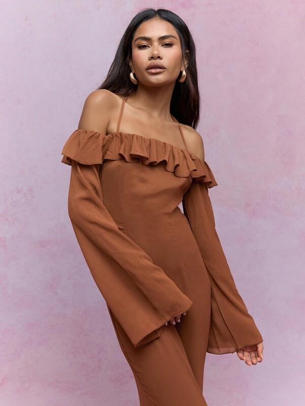Missguided MISSGUIDED Frill Detail Halter Neck Flared Sleeve Two-Piece Outfit