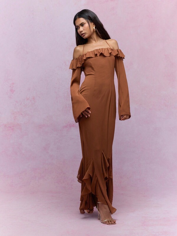 Missguided MISSGUIDED Frill Detail Halter Neck Flared Sleeve Two-Piece Outfit