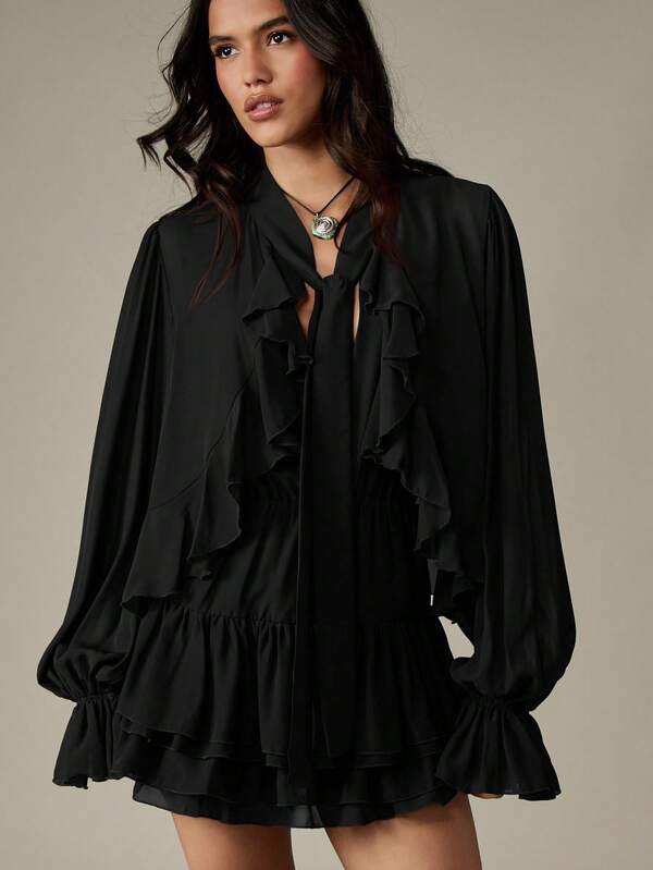 Missguided MISSGUIDED Frill Detail Long Sleeve Ruffle Mini Dress