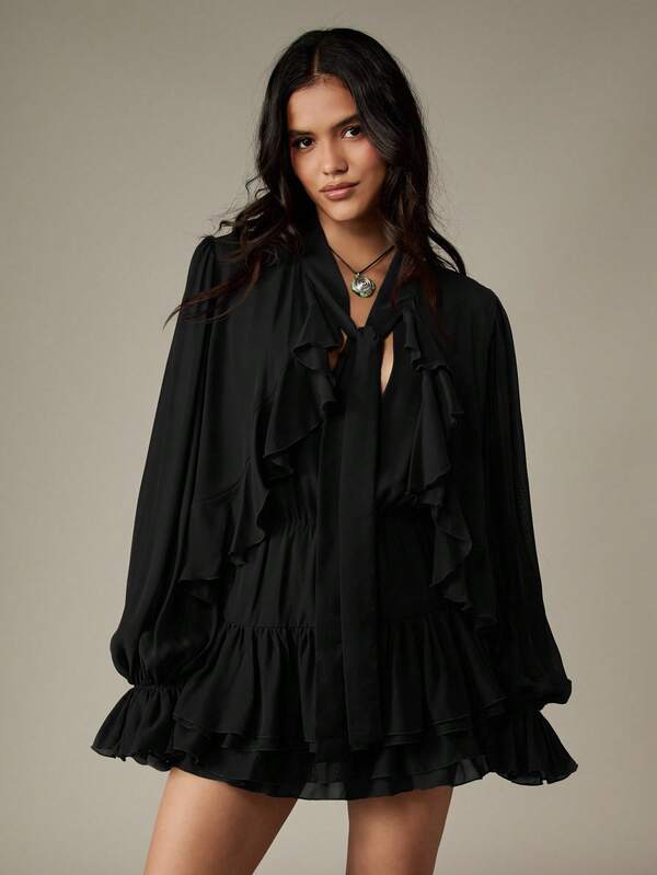 missguided MISSGUIDED Frill Detail Long Sleeve Ruffle Mini Dress