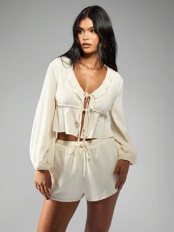 Missguided MISSGUIDED Frill Smock Top And Shorts Two Piece Co Ord Set