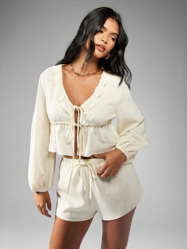 missguided MISSGUIDED Frill Smock Top And Shorts Two Piece Co Ord Set